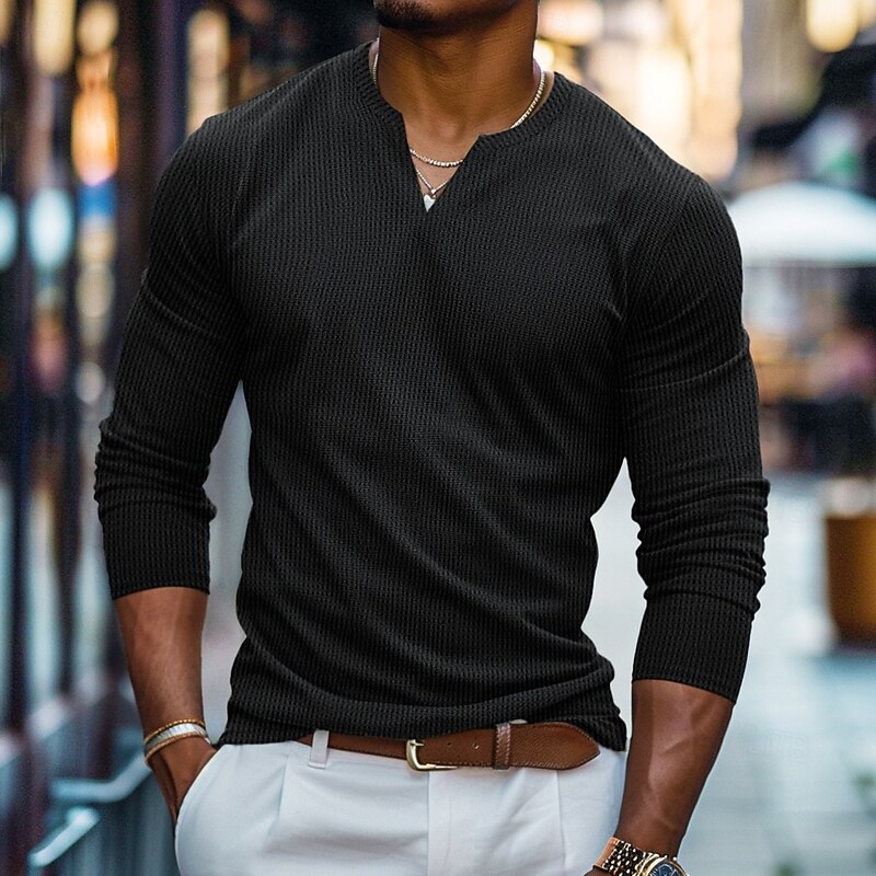 Men's Waffle Shirt V Neck Tee Tee Top Long Sleeve Shirt Long Sleeve V Neck Spring &  Fall Solid Color Daily Casual Street Style V Neck Outdoor Street Causal Black White Orange Top Tee for Men