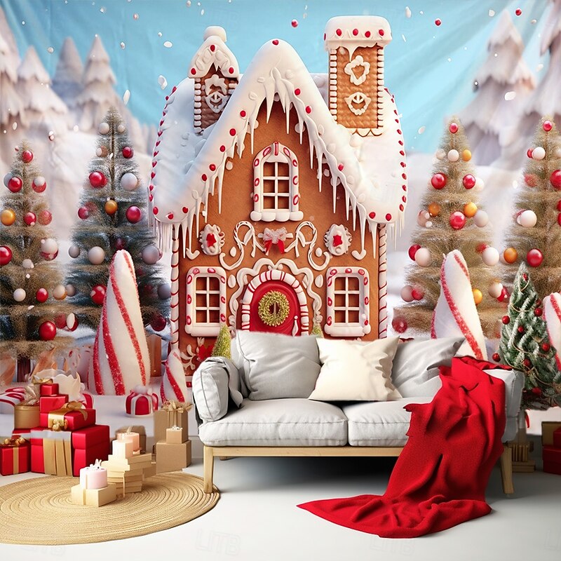 Christmas Decorations Hanging Tapestry Wall Art Xmas Gingerbread Candy Cane Large Tapestry Mural Decor Photograph Backdrop Blanket Curtain Home Bedroom Living Room2