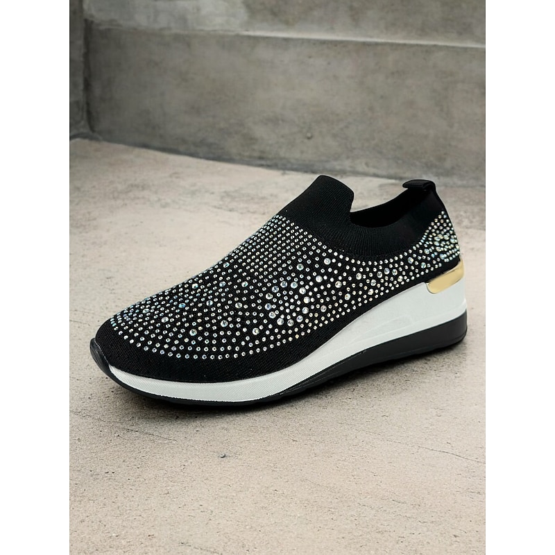 Women's Rhinestone-Embellished Black Slip-On Sneakers – Lightweight, Sparkly Fashion Athletic Shoes for Casual Wear2