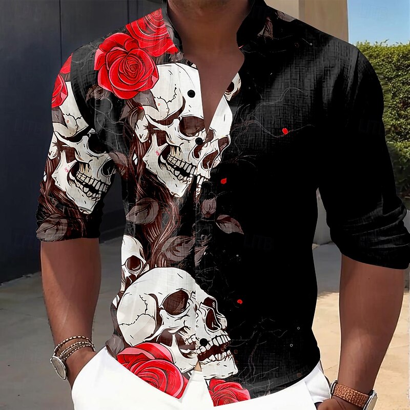 Men's Halloween Costumes Day of the Dead Rose Button Up Shirt Long Sleeve Horror Dark Vacation Party Evening Wear Daily Summer Spring &  Fall Grandad Collar Band Collar 3D Print Rose+Black Violet Red4