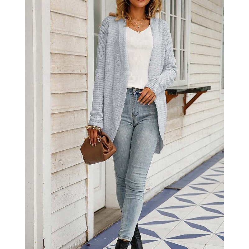 Women's Sweater Cardigan Daily Casual Solid Color Open Front Knitted Long Sleeve Long Tops Knit Home Work Khaki Light Grey Fall Winter4