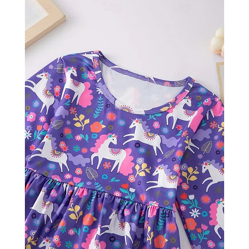 Girls' 3D Graphic Unicorn Dress Long Sleeve Summer Spring Vacation Daily Holiday Beautiful Sweet Kids 4-12 Years Casual Dress A Line Dress Knee-length Regular Fit3