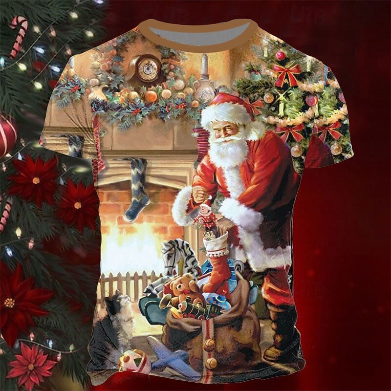 Christmas Men's Santa Claus 3D T-shirts Graphic Santa Claus Daily Designer Retro Vintage 3D Print Tee Sports Outdoor Holiday Going out Red Blue Brown Short Sleeve Crew Neck Spring & Summer Clothing3