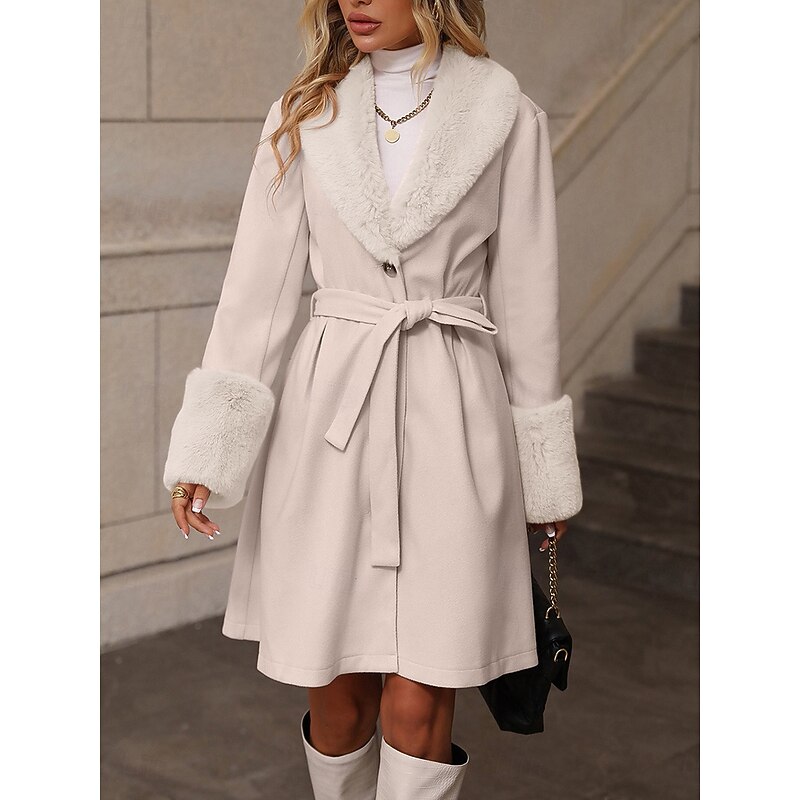 Women's Winter Coat Windproof Warm Buttons With Belt Fur Collar Elegant Outdoor Solid Color Work Casual Single Breasted Turndown Loose Fit Long Sleeve Outerwear Khaki Apricot Fall Winter