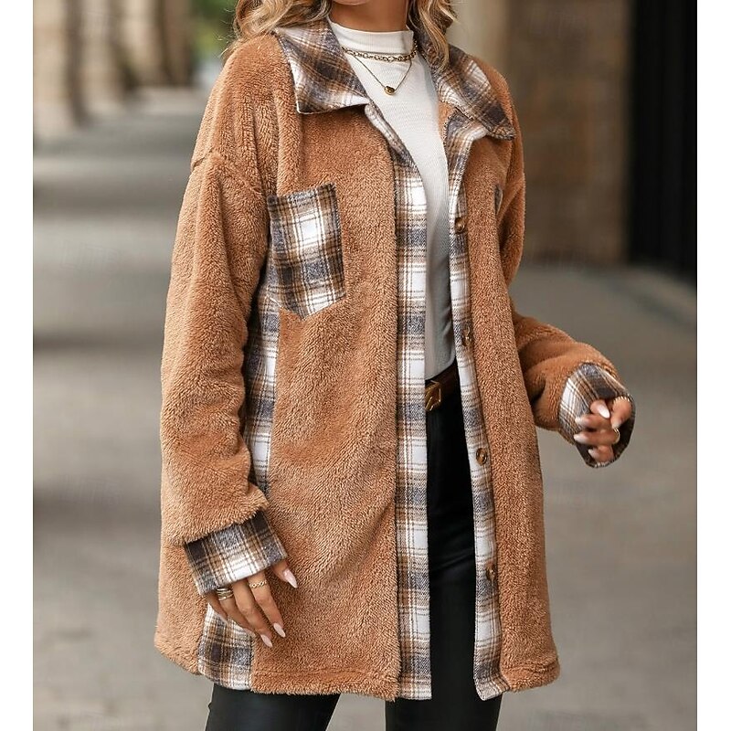 Women's Coat Casual Jacket Daily Wear Vacation Fall Winter Long Coat Loose Fit Warm Stylish Street Style Jacket Long Sleeve Stripes and Plaid with Pockets Black White Wine2