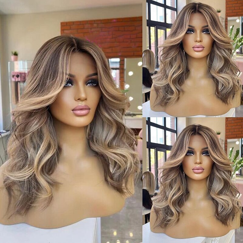 Remy Human Hair 13x4 Lace Front Wig Middle Part Brazilian Hair Wavy Multi-color Wig 130% 150% Density Color Gradient Ombre Hair Highlighted / Balayage Hair Natural Hairline Glueless For Women Long3