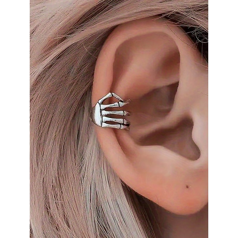 Silver Skeleton Hand Ear Cuff – Gothic Punk Halloween-Themed Clip-On Earring for Women and Men