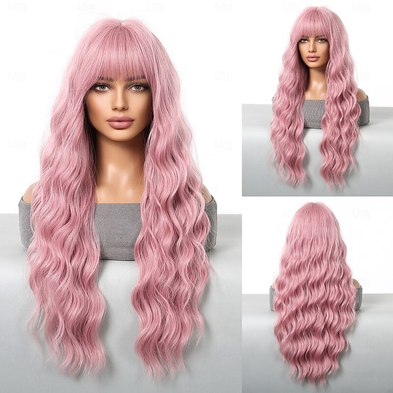 Synthetic Wig Uniforms Career Costumes Princess Curly Wavy Middle Part Layered Haircut With Bangs Machine Made Wig 26 inch Pink+Red Synthetic Hair Women's Cosplay Party Fashion Pink