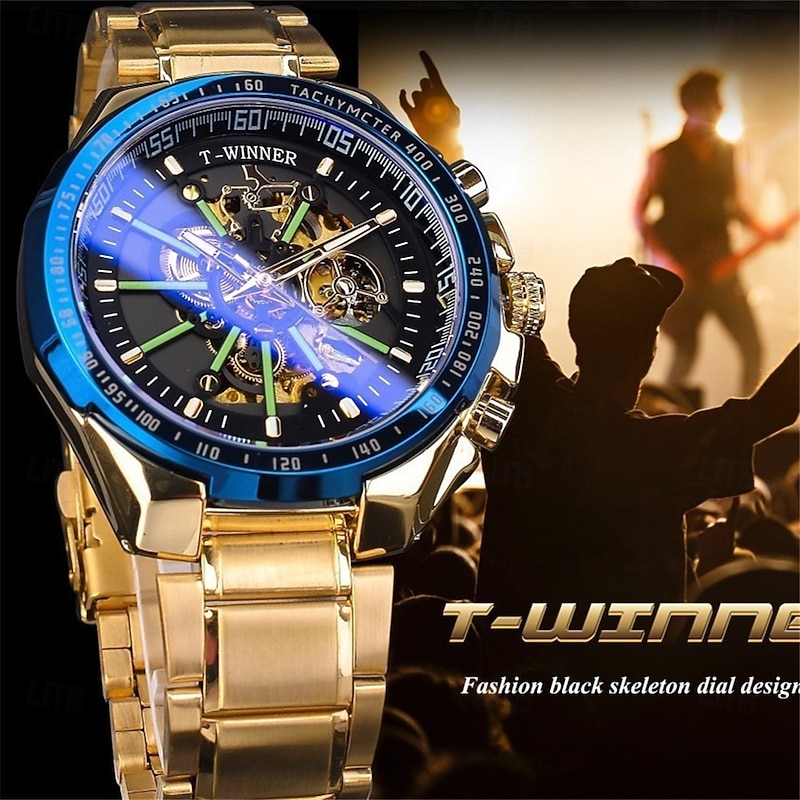 Winner Top Brand Automatic Mechanical Gold Watch Men Big Case Luxury Skeleton Luminous Military Business Blue Waterproof Watch2