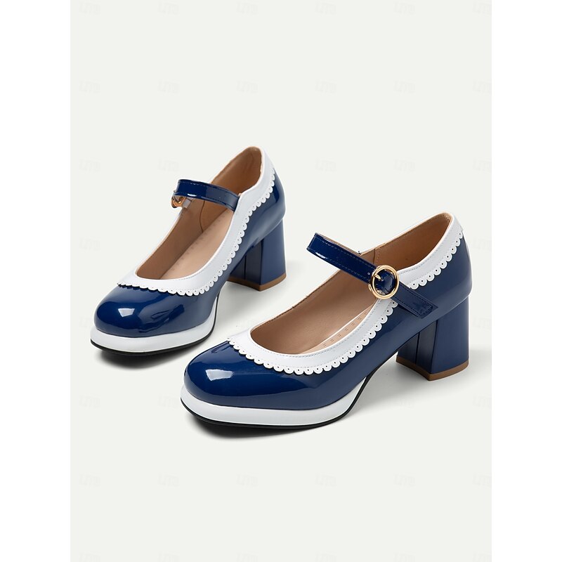 Women's Retro Blue and White Mary Jane Block Heels with Scalloped Trim – Vintage-Style Shoes for Cosplay, Parties, and Formal Occasions3