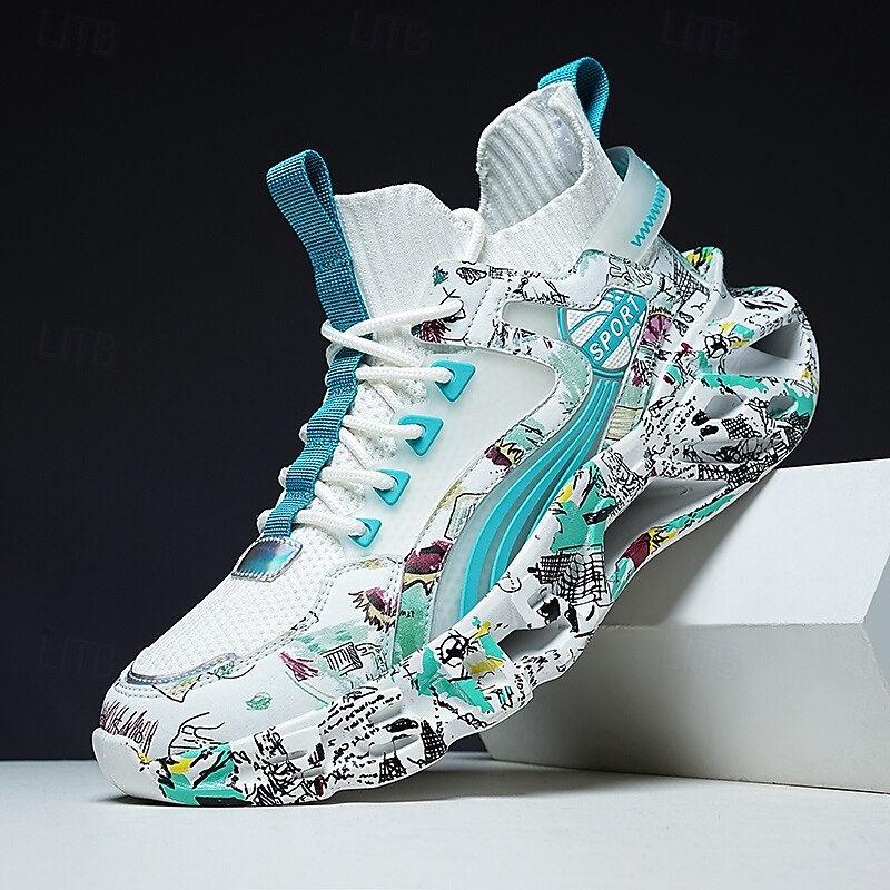 Men's Graffiti Pattern High-Top Sneakers – Colorful Streetwear Sports Shoes with Lace-Up Closure, Breathable Mesh Upper for Casual and Athletic Wear