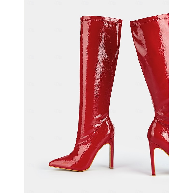 Women's Red Patent Faux Leather Knee-High Stiletto Boots with Crocodile Pattern - Sexy High Heel Boots for Parties and Night Out3