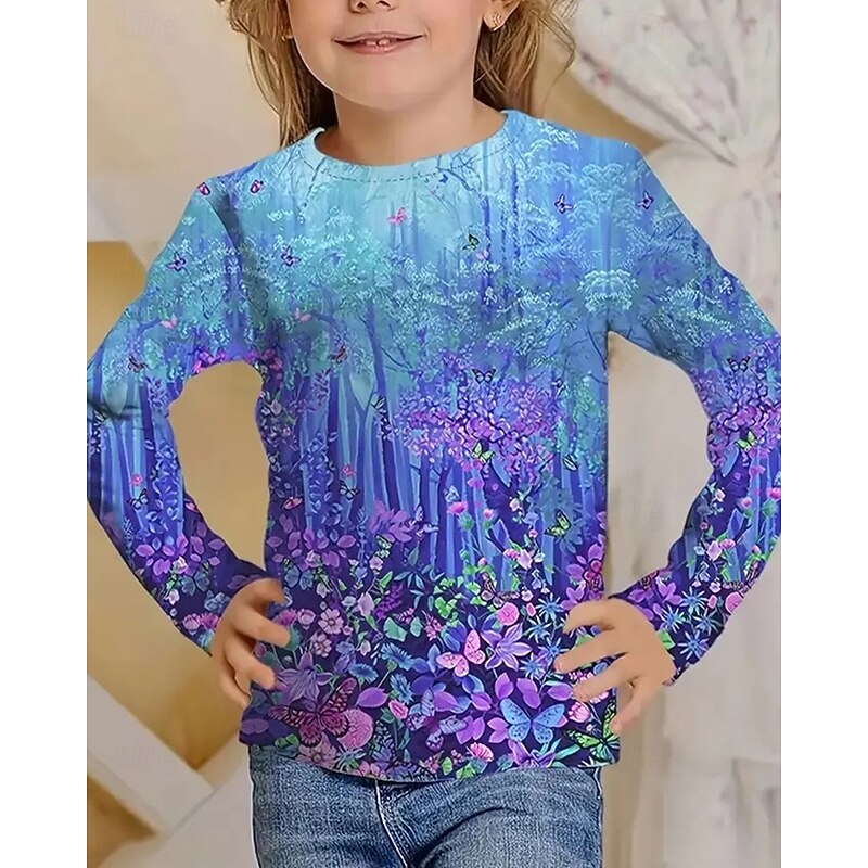 Easter Girls' 3D Floral Graphic Butterfly T shirt Tee Long Sleeve Spring Fall Fashion Basic Kids 4-12 Years Crew Neck Outdoor Casual Daily Regular Fit4