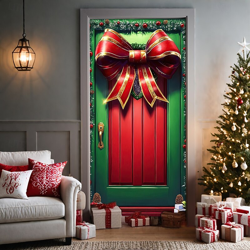 Christmas Door Decorations Door Covers Xmas Bow Tie Door Tapestry Door Curtain Decoration Backdrop Door Banner for Front Door Farmhouse Christmas Holiday Party Decor Supplies Ornaments Indoor/Outdoor3