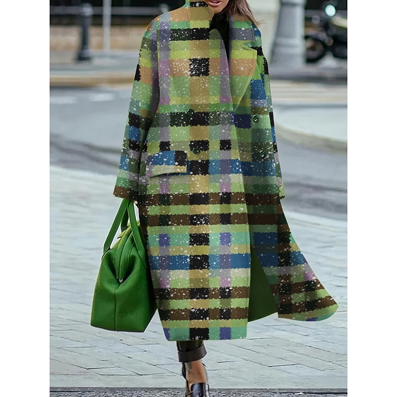 Women's Winter Coat Coat Cloak / Capes Windproof Warm Pocket Casual Street Style Plaid Vacation Work Street Daily Wear Single Breasted Turndown Loose Fit Long Sleeve Outerwear Red Green Fall Winter