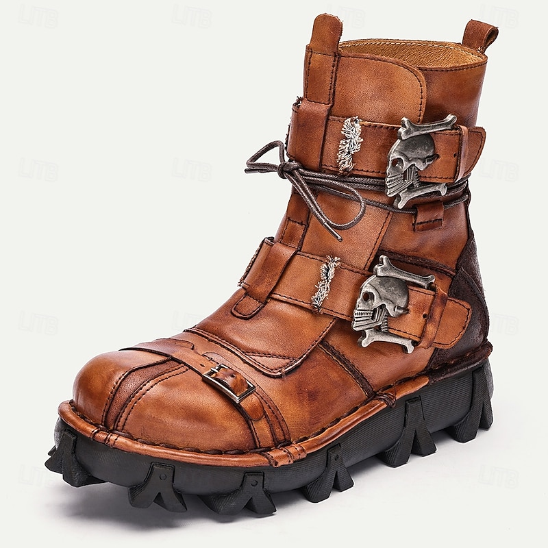 Men's Gothic Steampunk Skull Buckle Combat Boots with Rugged Sole - Vintage Brown Leather Lace-Up Ankle Boots for Bikers and Cosplay3