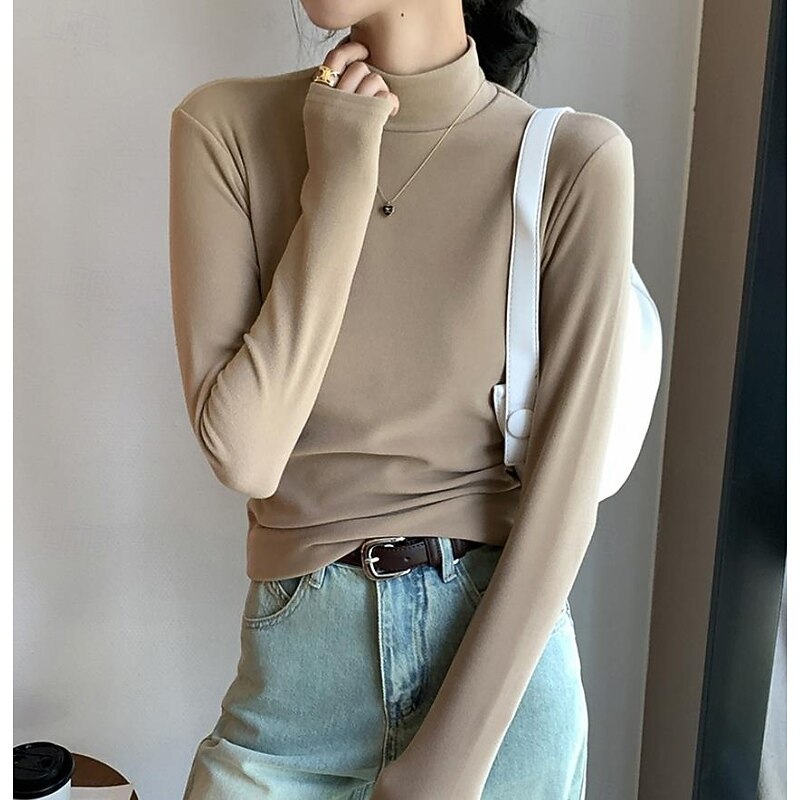 Women's Tunic Solid Color Casual Long Sleeve Turtleneck Regular Tops Daily Black Yellow off-white Khaki Fall Winter2