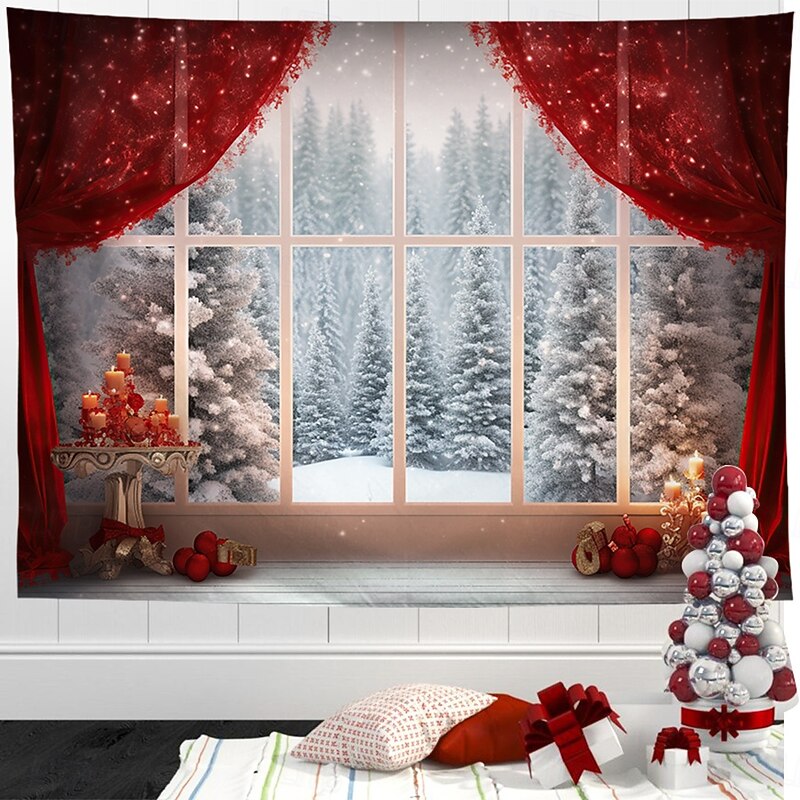 Christmas Decorations Hanging Tapestry Wall Art Xmas Red Curtain Large Tapestry Mural Decor Photograph Backdrop Blanket Curtain Home Bedroom Living Room Window View3