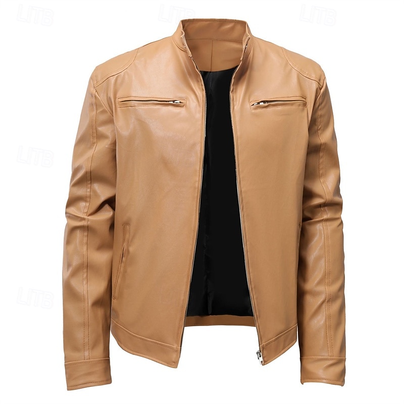 Men's Faux Leather Jacket Shirt Jacket Transition Jacket Biker Jacket Vacation Daily Windproof Warm Pocket Fall & Winter Plain Fashion Classic Stand Collar Regular Faux Leather Black Khaki Jacket4