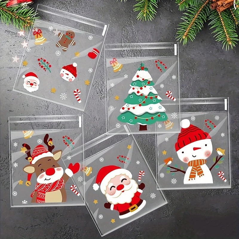 100pcs Christmas Treat Bags - Self-Sealing Disposable Opp Candy & Cookie Pouches With Festive Cartoon Designs For Holiday Gift OPP Self-adhesive Bag Christmas Candy Cookie Food Packaging Bag3