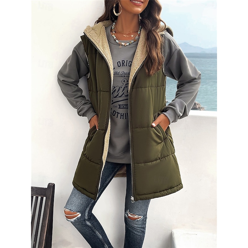 Women's Fleece Jacket Fleece Vest Teddy Coat Warm Breathable Zipper Pocket Fleece Lined Casual Plain Vacation Street Daily Wear Going out Zipper Regular Hoodie Regular Fit Sleeveless Outerwear Gray - Main Image