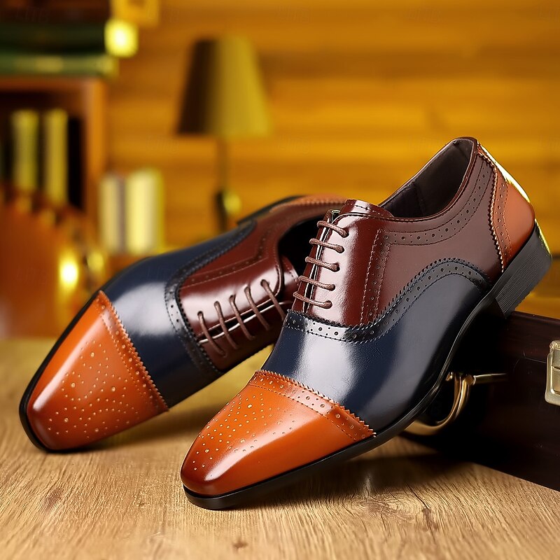 Men's Two-Tone Faux Leather Oxford Shoes - Classic Lace-Up Brogue Dress Shoes with Wingtip Design for Formal and Business Wear2