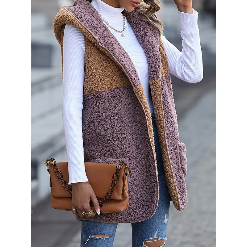 Women's Fleece Jacket Fleece Vest Teddy Coat Warm Breathable Patchwork Pocket Fleece Lined Casual Color Block Vacation Street Daily Wear Going out Open Front Regular Hoodie Regular Fit Sleeveless