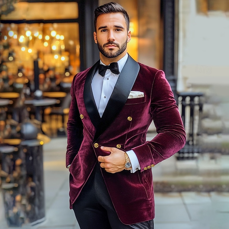 Men's Blazer Jacket Tuxedo Shawl Collar Vintage Party Velvet Patchwork Solid Colored Blazer Burgundy Navy Blue Green Standard Fit Double Breasted Four-buttons4