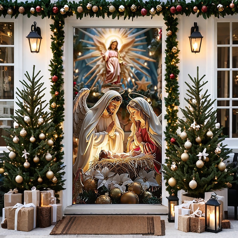 Christmas Door Decorations Door Covers Nativity Scene Door Tapestry Door Curtain Decoration Backdrop Door Banner for Front Door Farmhouse Christmas Holiday Party Decor Supplies Gift Indoor/Outdoor