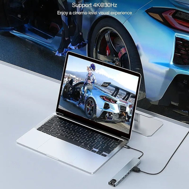 10 in 1 USB Hubs with HD 4K@30Hz USB3.0 USB2.0 Type-C 2.0 RJ45 Ethernet 100W PD Charging SD TF Card Slots Docking Station4