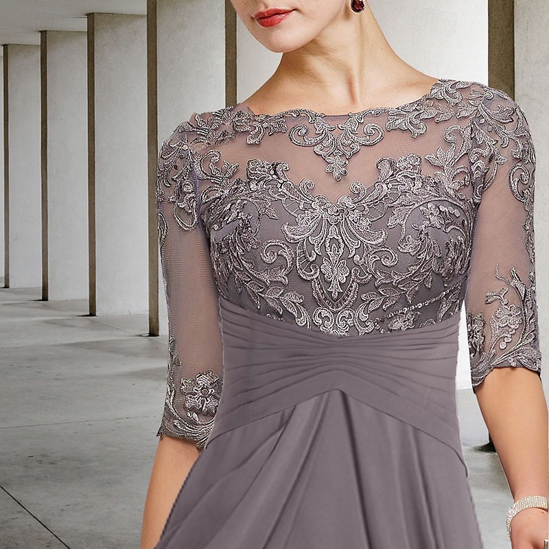 A-Line Mother of the Bride Dress Wedding Guest Elegant Plus Size High Low V Neck Asymmetrical Ankle Length Chiffon Lace Half Sleeve with Beading Appliques3