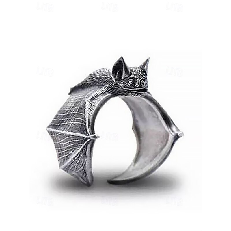 Gothic Bat Design Adjustable Ring, Vintage Silver Halloween Jewelry for Cosplay and Gothic Fashion