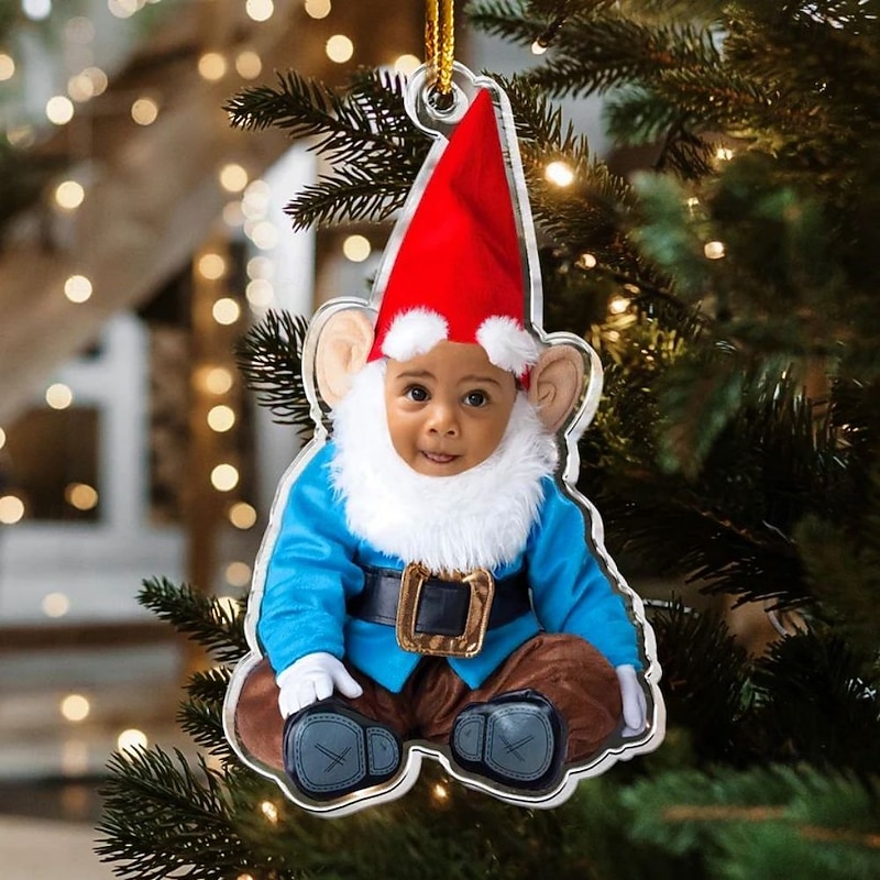 Personalized Photo Christmas Ornaments Acrylic 2D Custom Baby Face Gnome Dwarf Christmas Tree Ornaments Xmas Decoration Hanging Pendant Gifts