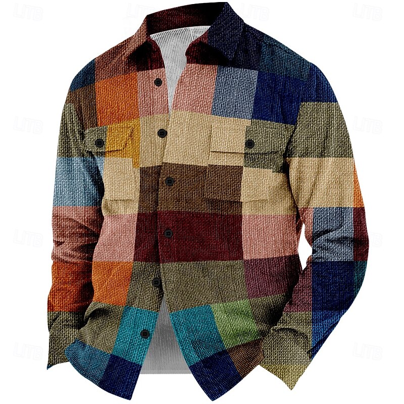 Men's Plaid Geometric Pattern Corduroy Shirt Shirt Jacket Overshirt Long Sleeve Vintage Casual Formal Dailywear Fall & Winter Turndown Collared Shirts Buttons 3D Print 2 Pockets 1pc Multi Color