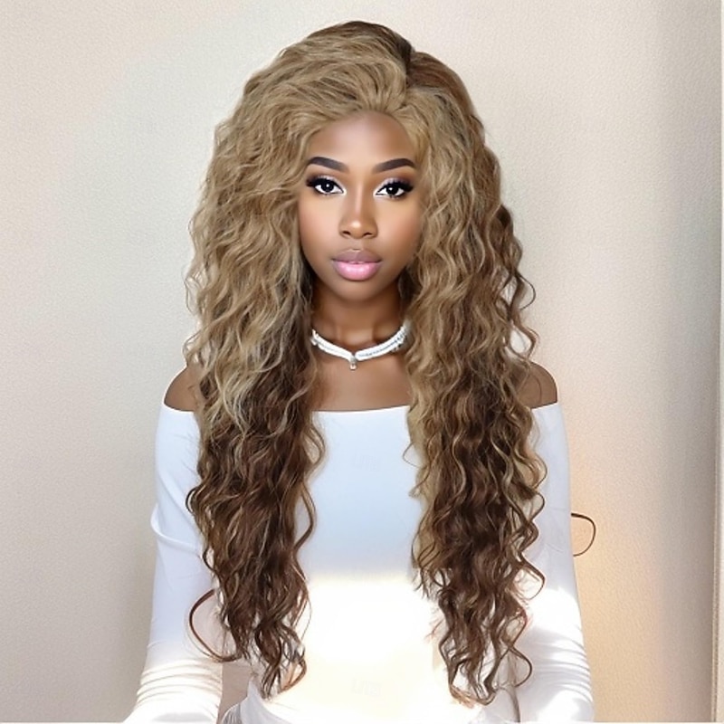 Wig Long Wavy Curly Wigs for Women with Highlight Bangs Free Part Root Fluffy Synthetic Costume Party Carnival Wig4