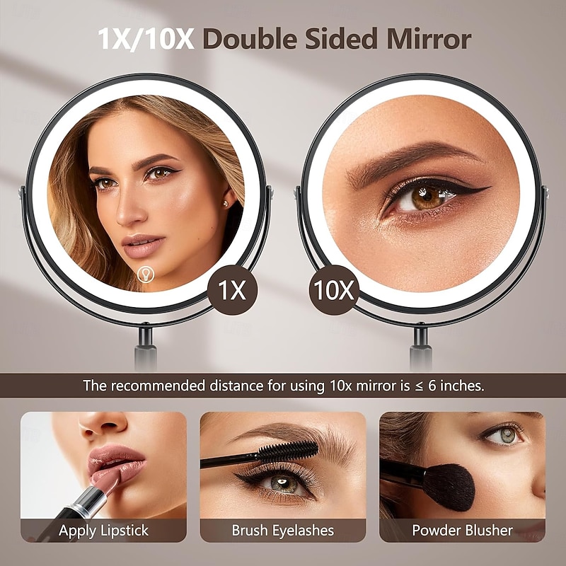 8-in 20cm Illuminated Makeup Mirror Light Magnifying 10x with Three Tone Light and Adjustable Height Suitable for Office desks Rechargeable 360  Rotating Double-sided LED Makeup Mirror3