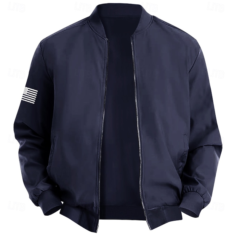 Men's American US Flag Bomber Jacket Coat Practical Casual Sports Outdoor Daily Wear Side Pockets Zip Front Graphic Fall Winter Standing Collar Long Sleeve Black Red Army Green
