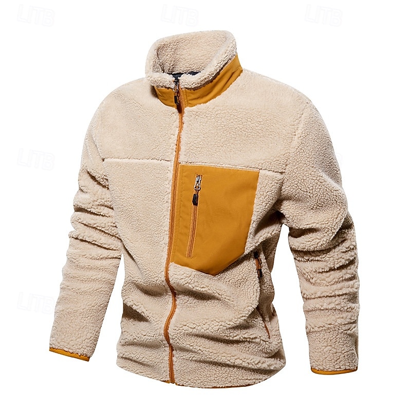 Men's Hiking Jacket Hiking Fleece Jacket Winter Outdoor Patchwork Thermal Warm Fleece Lining Fleece Jackets Full Zip Climbing Camping / Hiking / Caving Traveling Cream Khaki