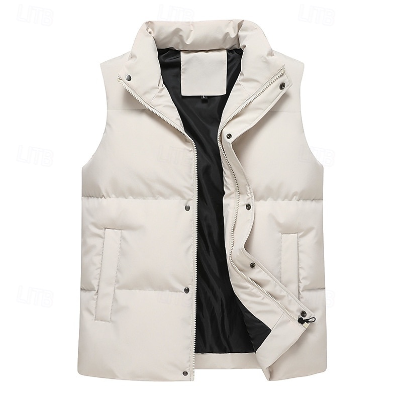 Men's Puffer Vest Daily Casual Fall & Winter Pocket Polyester Comfortable Plain Zipper Stand Collar Black Pink Blue Khaki Vest3