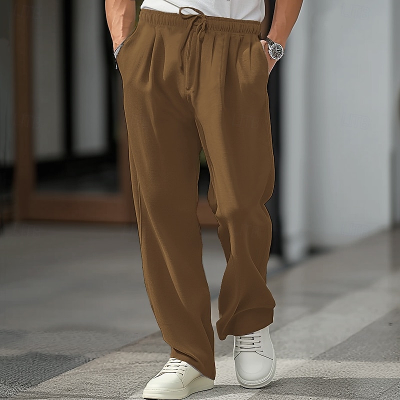 Men's Active Linen Pants Trousers Chinos Solid Color Full Length Formal Wedding Party Cotton Elegant Vacation Light Green Brown Micro-elastic