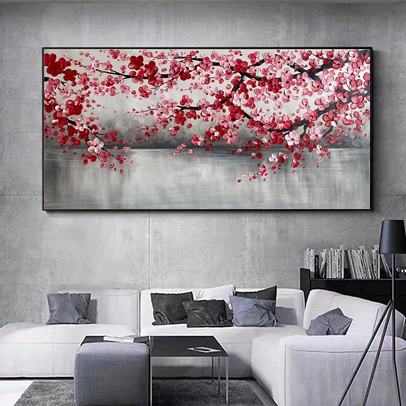 Large Plum Blossom Oil Painting Hand painted Pink Flowers Canvas Wall Art Thick Texture Palette Knife Painting Bedside Art Anniversary Gift Home Decor2