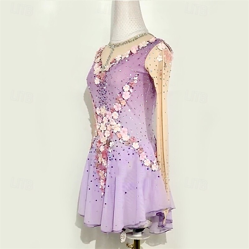 Figure Skating Dress Women's Girls' Ice Skating Dress Light Purple Patchwork Mesh High Elasticity Training Competition Skating Wear Classic Crystal / Rhinestone Long Sleeve Ice Skating Figure Skating3