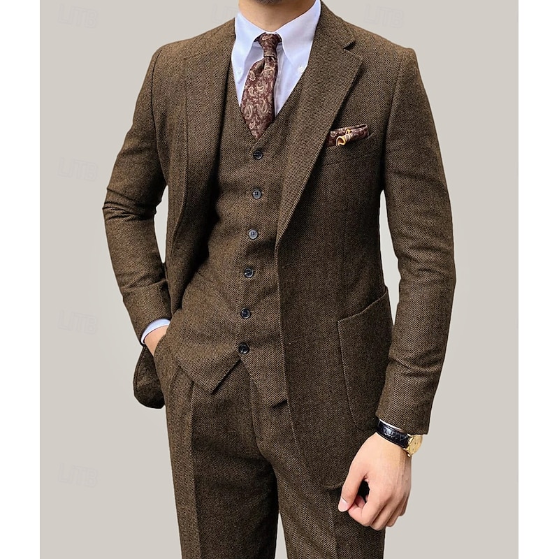 Men's Wedding Wedding Party Tweed Suits Notch Lapel Brown Light Grey Retro Vintage Formal Herringbone Standard Fit 3 Piece Single Breasted Two-buttons
