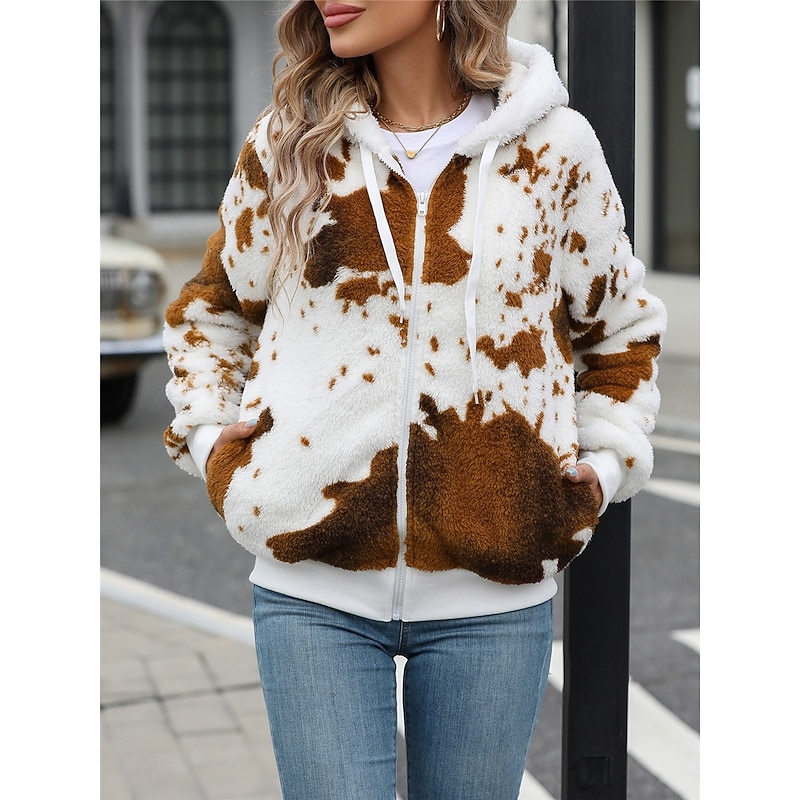 Women's Fleece Jacket Teddy Coat Hoodie Jacket Warm Breathable Zipper Pocket Fleece Lined Casual Cow Print Vacation Street Daily Wear Going out Zipper Regular Hoodie Regular Fit Long Sleeve Outerwear