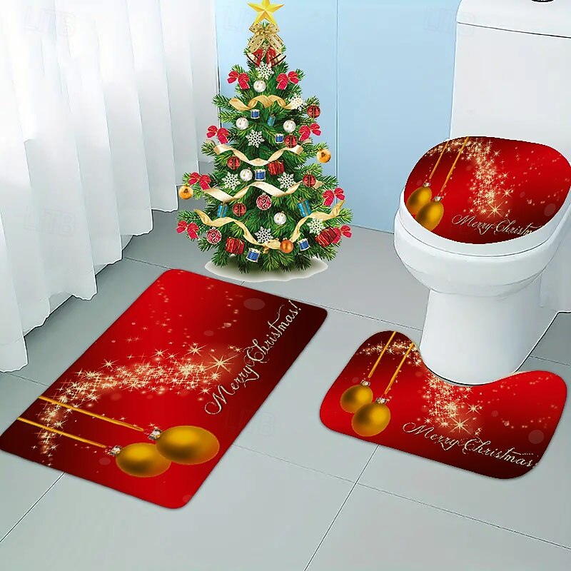 3 Pieces Christmas Bathroom Rugs and Mats Sets Xmas Non Slip Water Absorbent Bath Rug,Toilet Seat/Lid Cover,U-Shaped Toilet Mat,Home Decor Doormats Animal Bear Footprints2