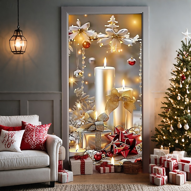Christmas Door Decorations Door Covers Xmas Candle Gifts Door Tapestry Door Curtain Stained Glass Decoration Backdrop Door Banner for Front Door Farmhouse Holiday Party Decor Supplies Indoor/Outdoor4