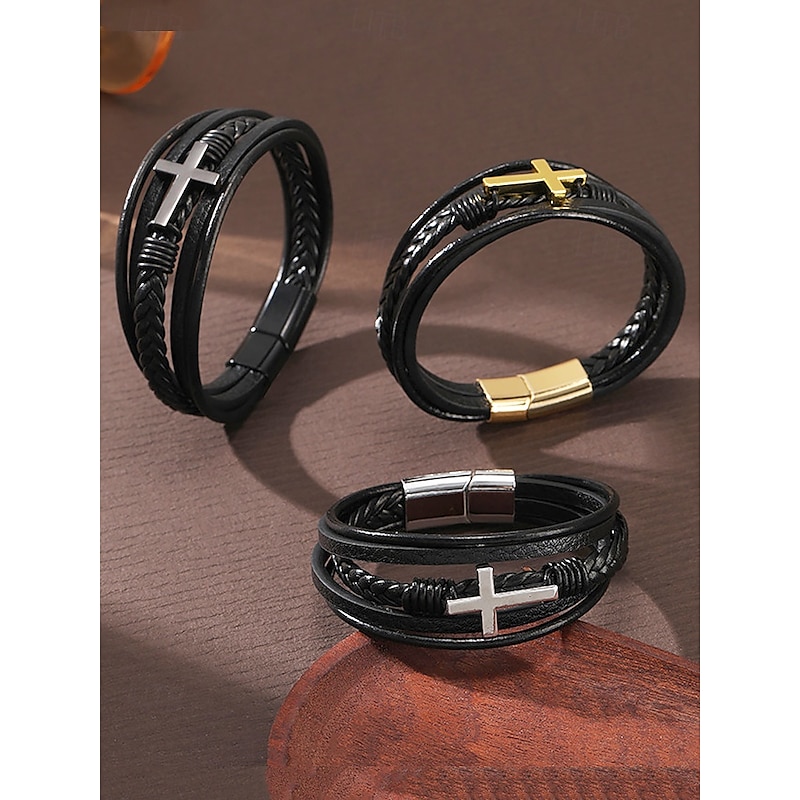 Men's Black Leather Bracelet with Silver Cross – Christian Religious Wristband, Adjustable Magnetic Clasp4
