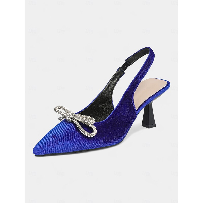Women's Velvet Slingback Heels – Pointed Toe Cocktail Party Pumps with Rhinestone Bow for Holiday and Nightlife Glam2