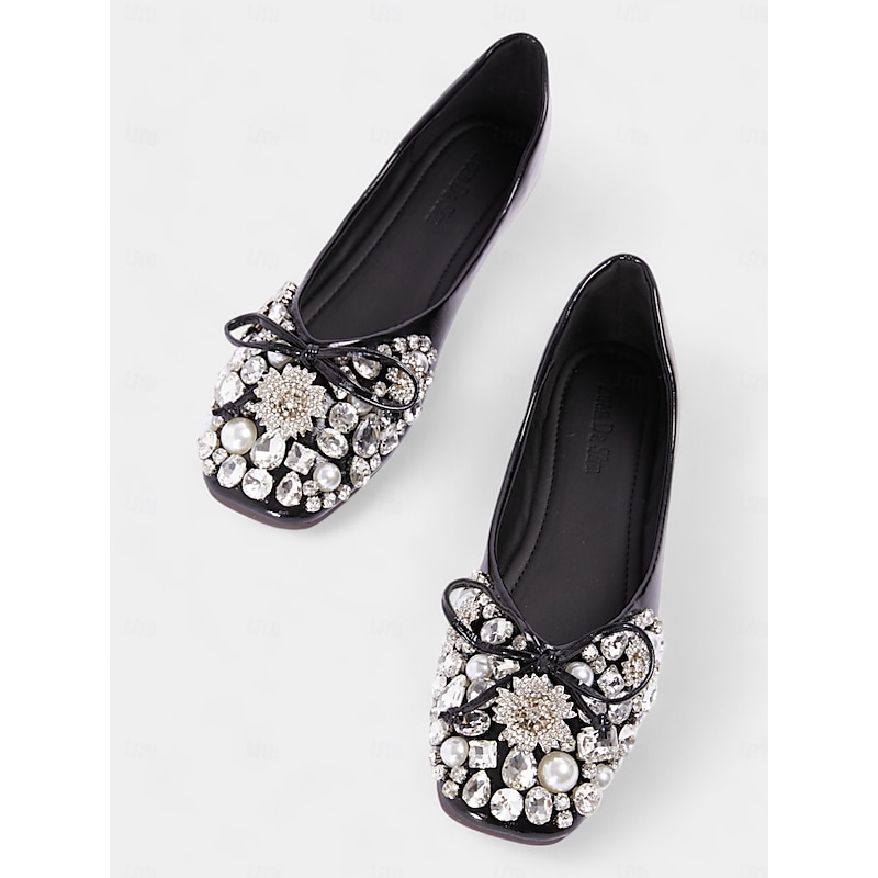 Women's Black Rhinestone and Pearl Embellished Ballet Flats with Bow Detail – Elegant Slip-On Shoes for Weddings and Special Occasions3