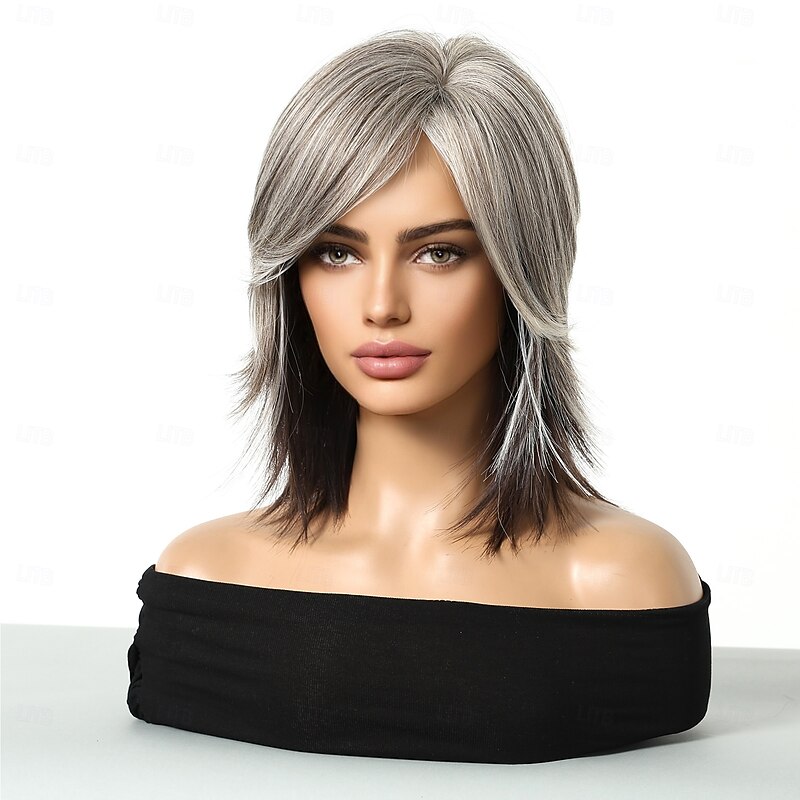 Synthetic Wig Uniforms Career Costumes Princess Straight kinky Straight Middle Part Layered Haircut Machine Made Wig 20 inch Silver grey Synthetic Hair Women's Cosplay Party Fashion Gray4